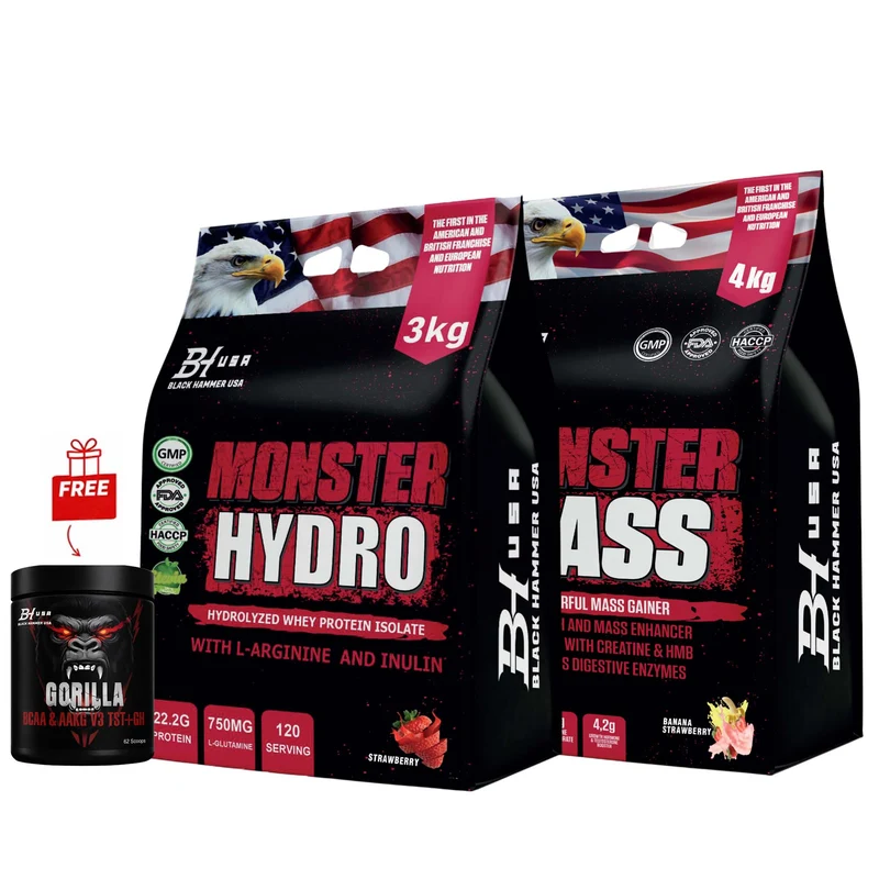 Monster Hydro 3KG Strawberry + Monster Mass 4KG Banana Strawberry + FREE BCAA