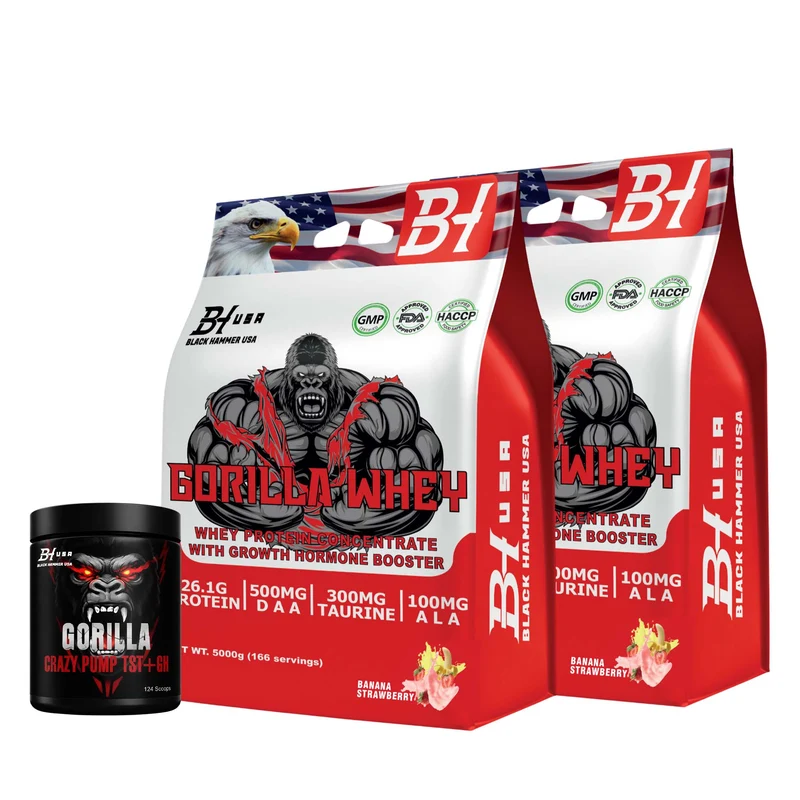 2× Gorilla Whey 5KG Banana Strawberry + FREE Gorilla Crazy Pump Orange