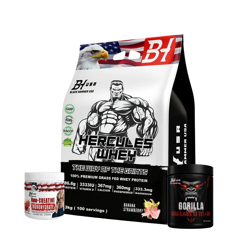 24H DEAL – Hercules Whey 3KG Banana Strawberry + FREE BCAA 620g & Nano Creatine - Save 45 €