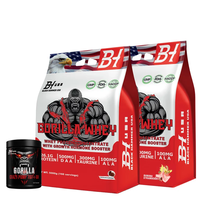 2× Gorilla Whey Protein 5KG Chocolate & Banana_Strawberry + FREE Gorilla Crazy Pump 620G Orange