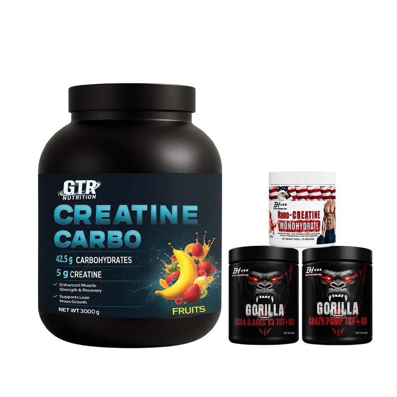 Creatine Carbo 3KG Fruits + Gorilla BCAA & AAKG V3 620G + Gorilla Crazy Pump Orange + Nano Creatine 350G Apple