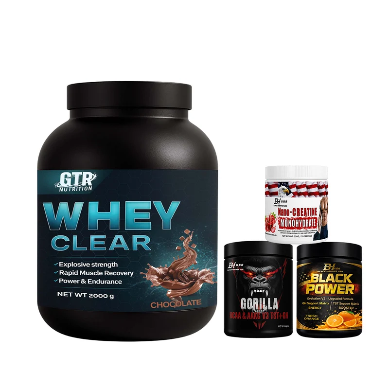 Whey Clear 2KG Chocolate + Gorilla BCAA & AAKG V3 620G + Black Power Orange + Nano Creatine 350G Watermelon Strawberry