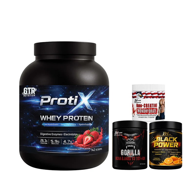 Protix Whey Protein 5KG Strawberry + Gorilla BCAA & AAKG V3 620G + Black Power Orange + Nano Creatine 350G Apple