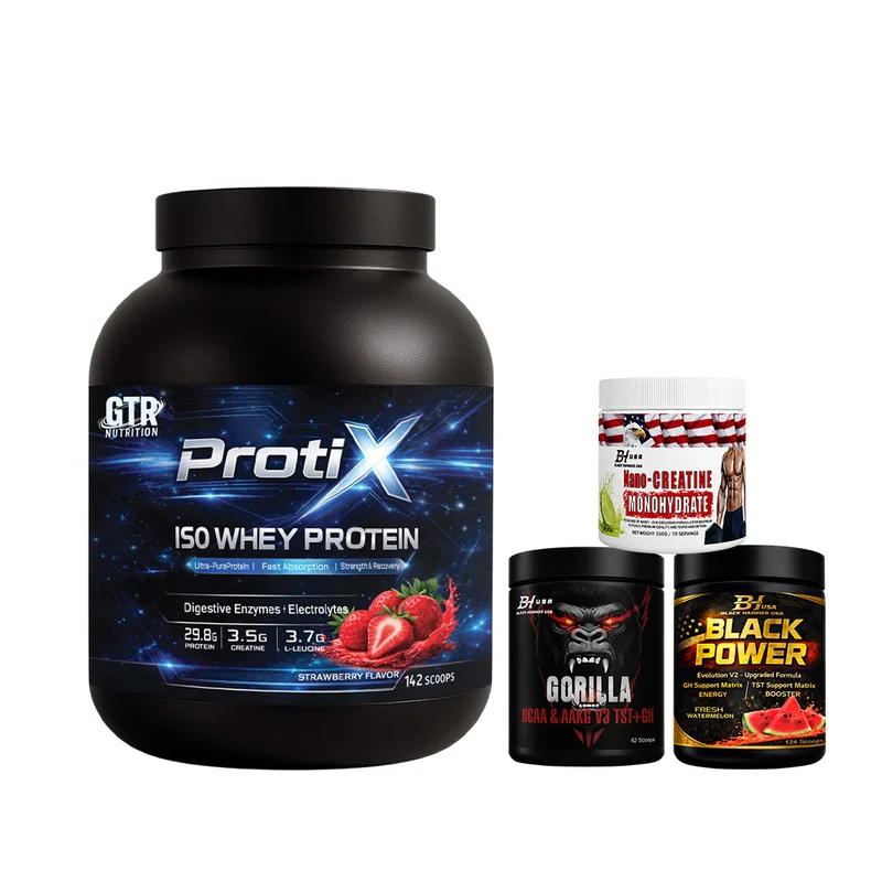 Protix ISO Whey 5KG Strawberry + Gorilla BCAA & AAKG 620G + Black Power Watermelon + Nano Creatine Lemon