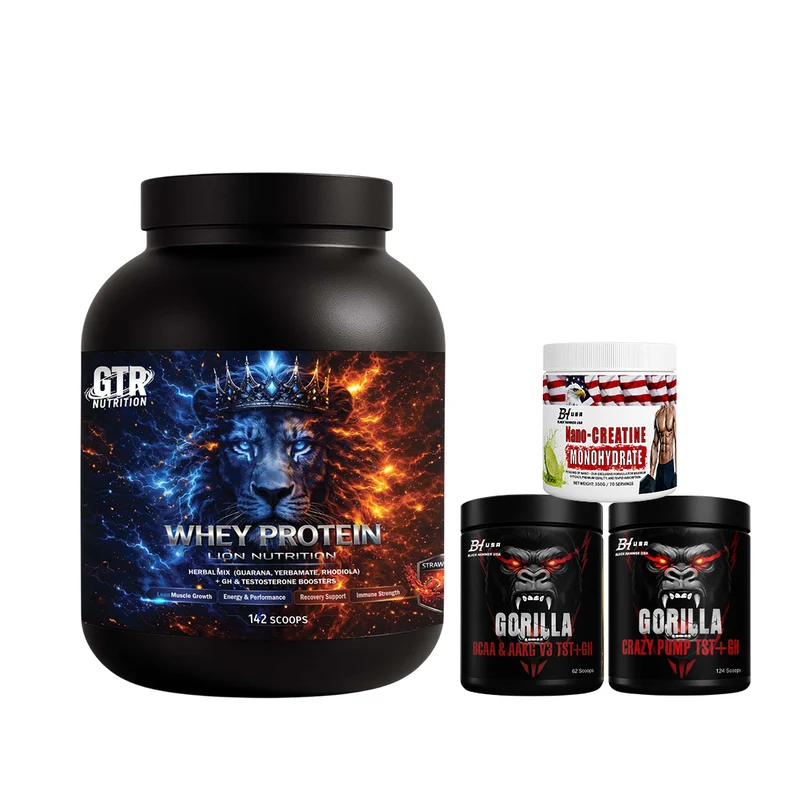 Lion Whey Protein 5KG Strawberry + Gorilla BCAA & AAKG 620G + Gorilla Crazy Pump Orange + Nano Creatine Lemon