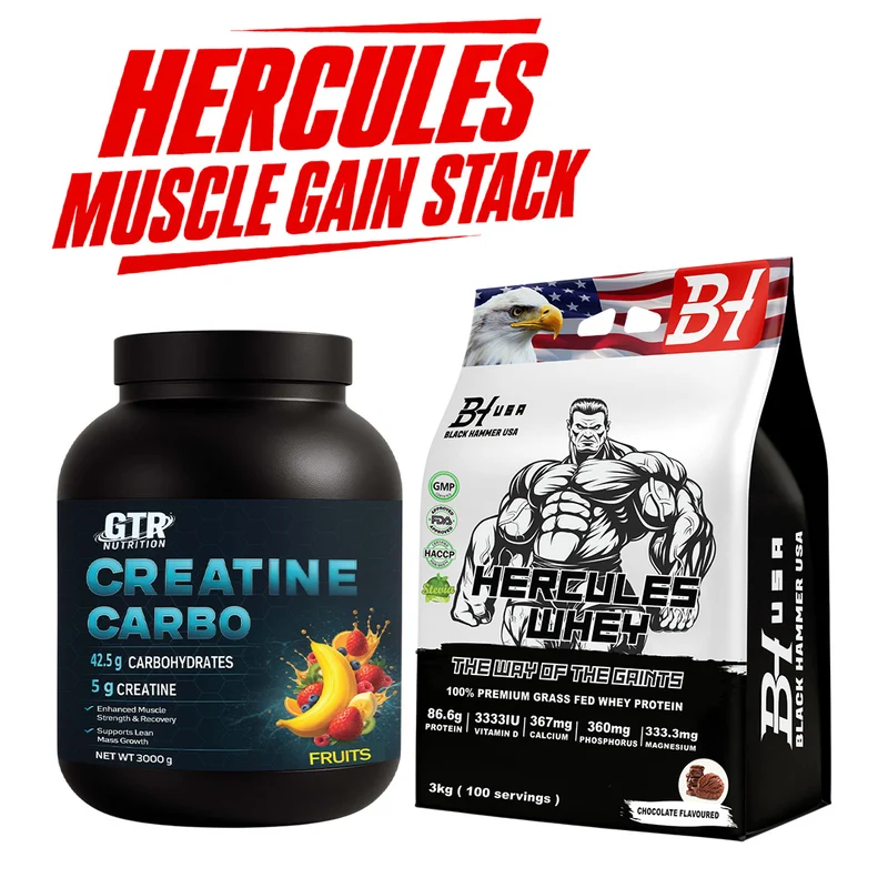 HERCULES MUSCLE GAIN STACK – 3KG Whey Protein Chocolate + 3KG Creatine Carbo Fruits