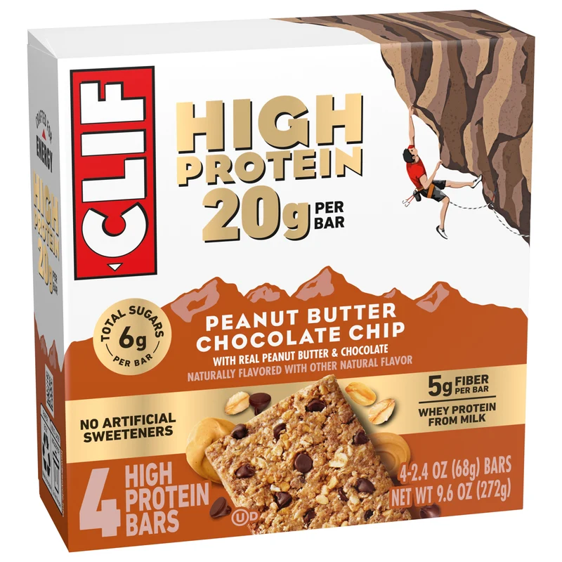 CLIF HIGH PROTEIN Peanut Butter Chocolate Chip Protein Snack Bars, 4 Bars