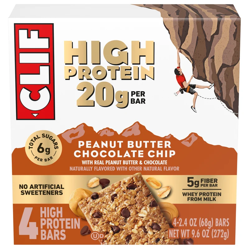 CLIF HIGH PROTEIN Peanut Butter Chocolate Chip Protein Snack Bars, 4 Bars