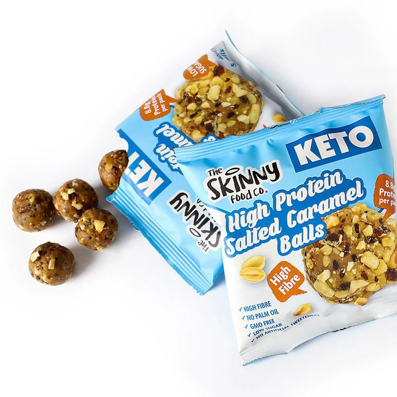 Proteinreiche, dünne KETO-Bällchen (8.8 g Protein pro Portion) – gesalzenes Karamell