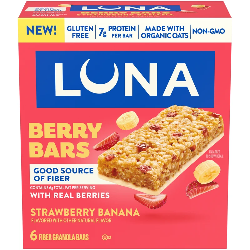 LUNA Berry Bars Strawberry Banana Flavor Gluten Free Snack Bars, Non-GMO Protein Bars