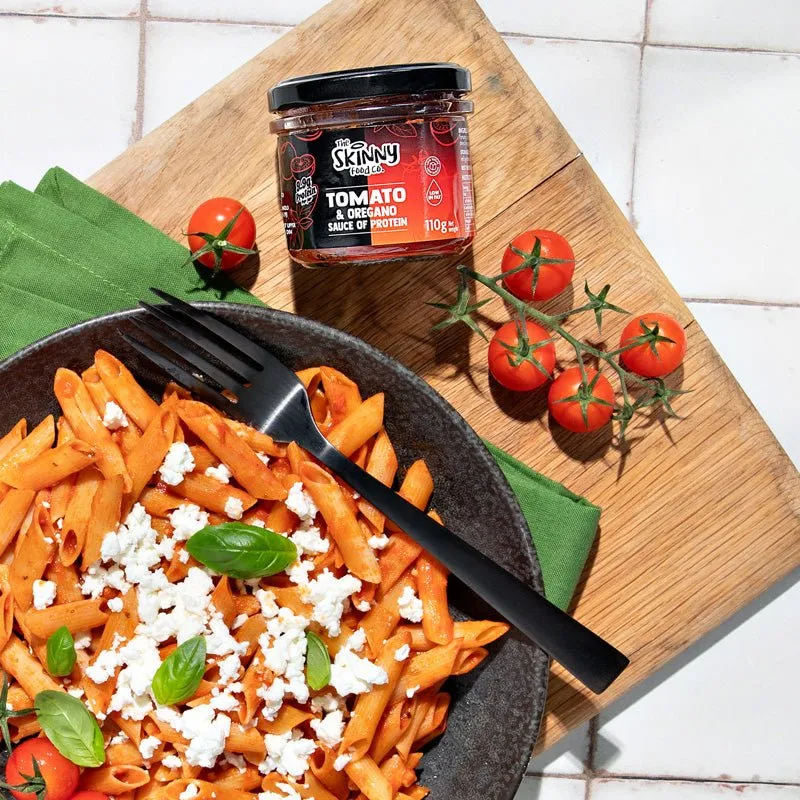 (Abverkauf, Mindesthaltbarkeitsdatum überschritten Juli 2026) Fettarme Tomaten-Oregano-Sauce für Pasta, Nudeln, Pizza, Dip - (9.9 g Protein pro Glas) 110 g (Auch im 6er-Pack erhältlich)