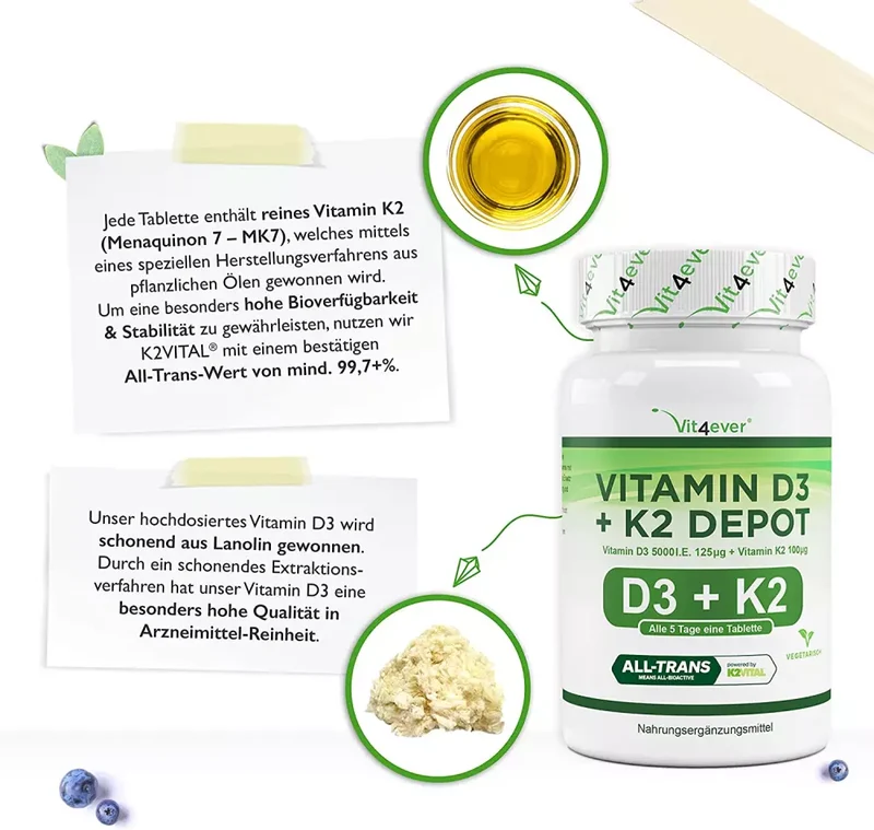 Vitamin D3 5.000 I.E. + Vitamin K2 100 mcg (240 Tabletten)