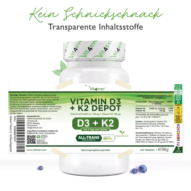 Vitamin D3 5.000 I.E. + Vitamin K2 100 mcg (240 Tabletten)