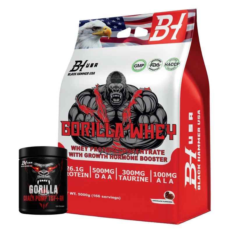 Gorilla Whey Protein 5KG Chocolate + Gorilla Crazy Pump TST Orange
