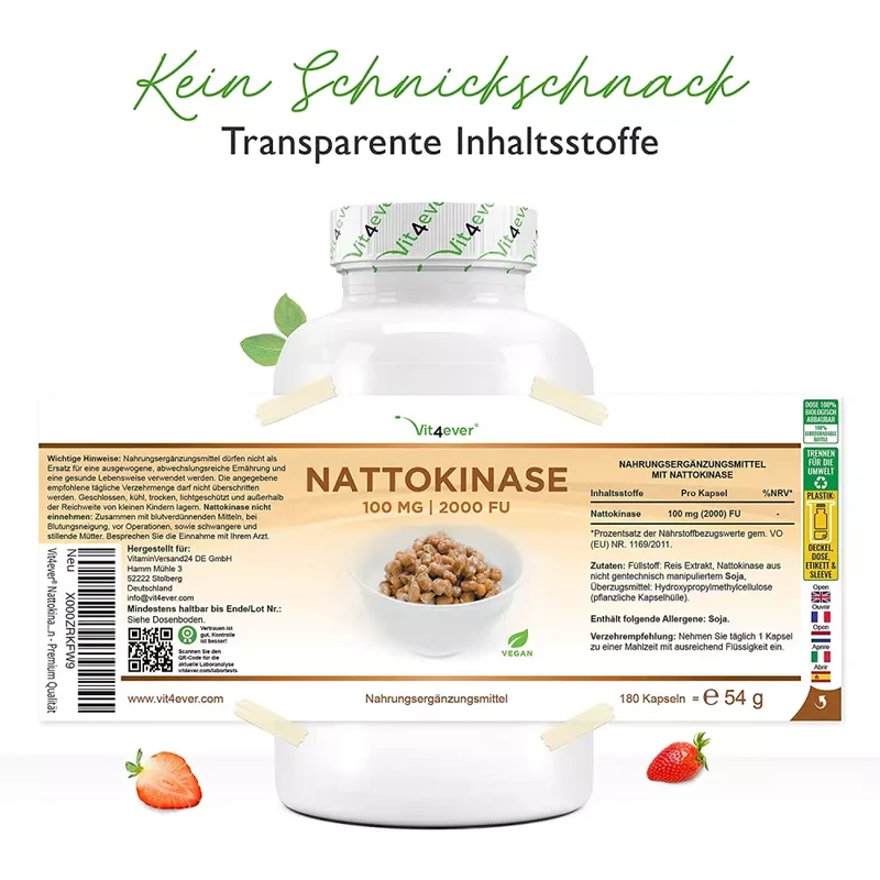 Nattokinase - 180 Kapseln mit je 100 mg (20.000 FU pro g = 2000 FU pro Kapsel) MHD 30.5.2026