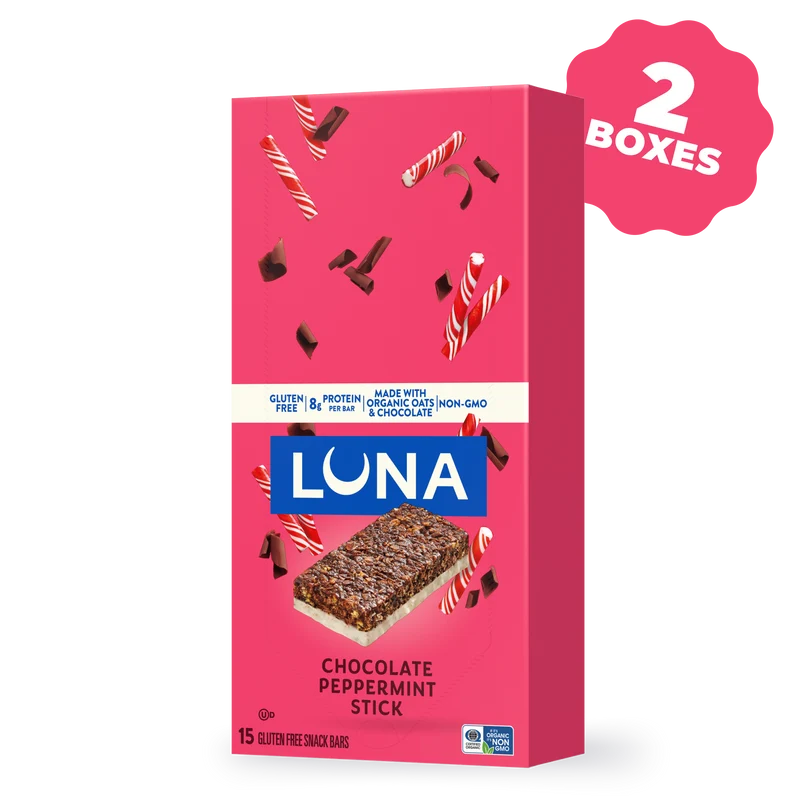 LUNA Bar Chocolate Peppermint Stick Flavor Gluten Free Snack Bars, 30 Bars