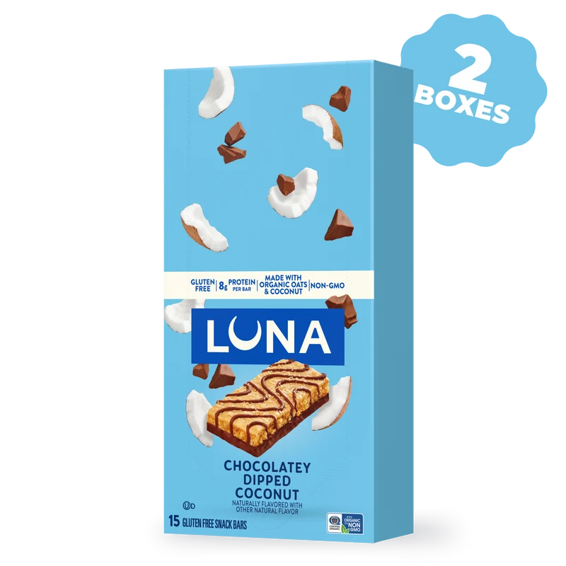 LUNA Bar Chocolatey Dipped Coconut Flavor Gluten Free Snack Bars, 30 Bars