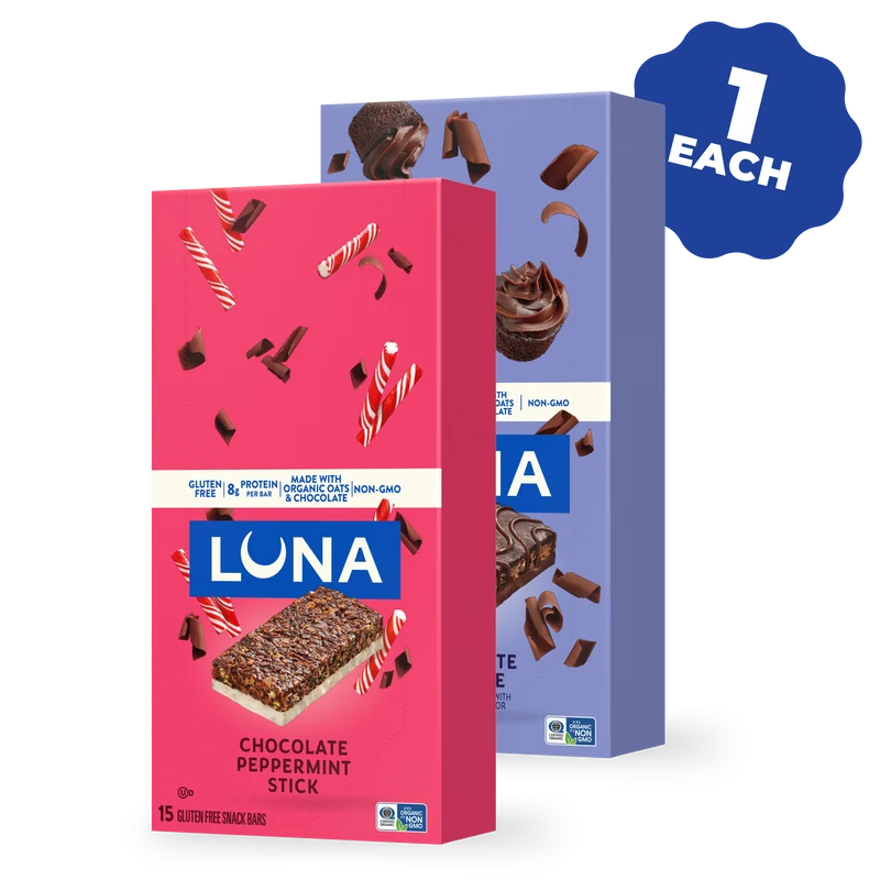 LUNA Bar Chocolate Cupcake Flavor & Chocolate Peppermint Stick Flavor Variety Pack, 30 Bars