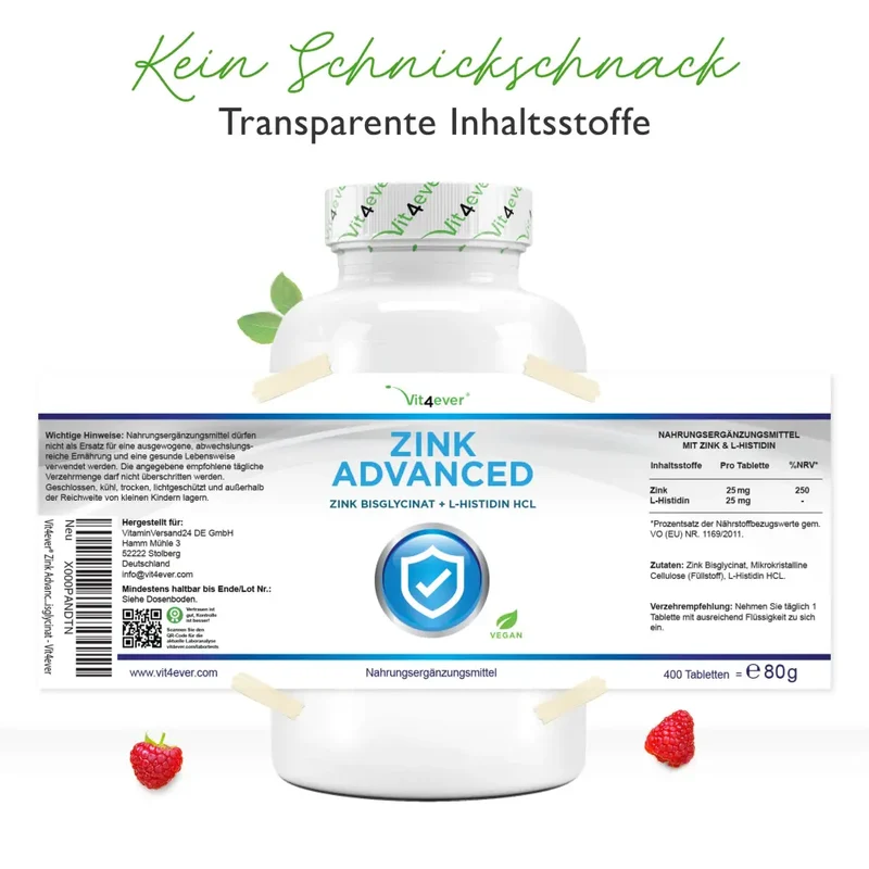 Zink Advanced (400 Tabletten mit 25 mg - Zinkbisglycinat + L-Histidin)