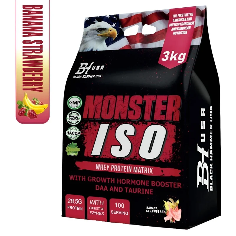 2x Monster ISO 3KG Banana Strawberry & Chocolate + FREE Black Power Orange