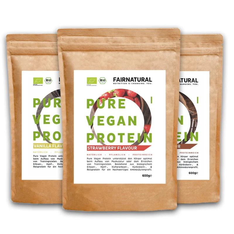 Bio Veganes Proteinpulver 3er-Bundle (Vanille, Schoko, Erdbeere)
