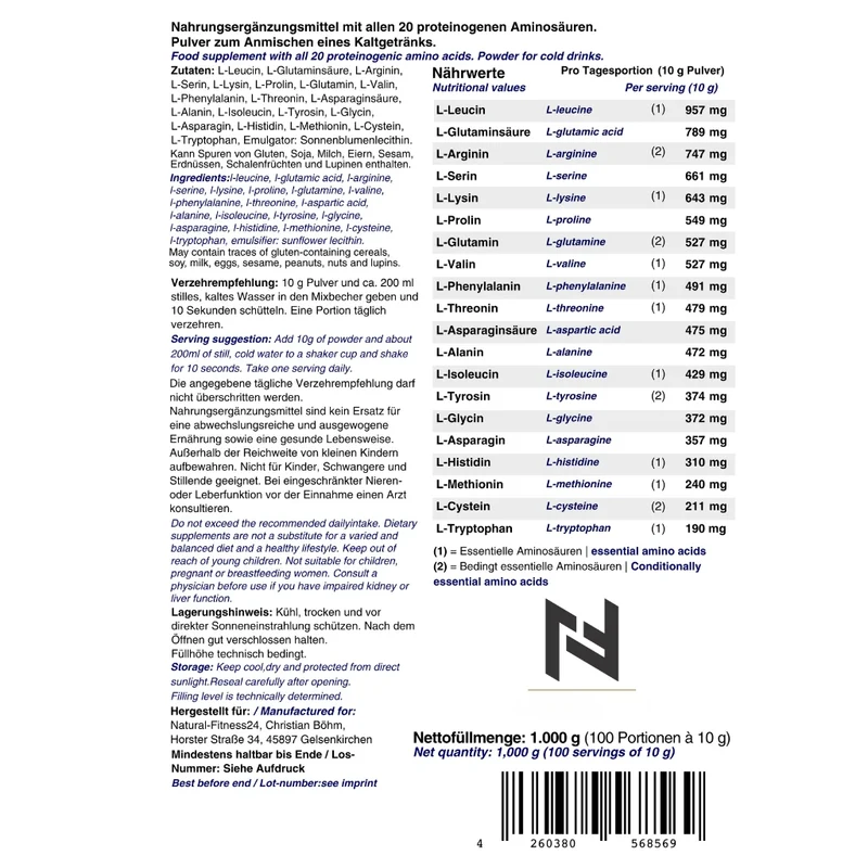 Aminomazing Pure 20 – Alle 20 proteinogenen Aminosäuren Pulver, 1000g