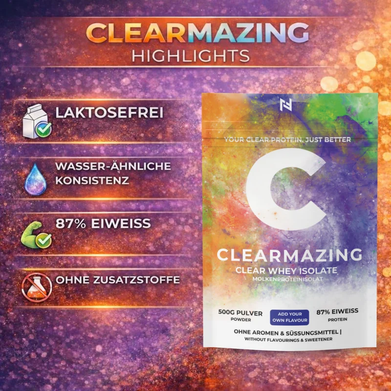 Clearmazing Clear Whey Protein Isolat – 500g | 87% Eiweißgehalt, Ohne Aroma & Süßungsmittel