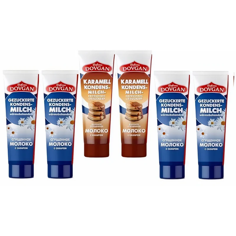 DOVGAN Gezuckerte Kondensmilch in Tube 6x150g (4 traditionelle + 2 Karamel)