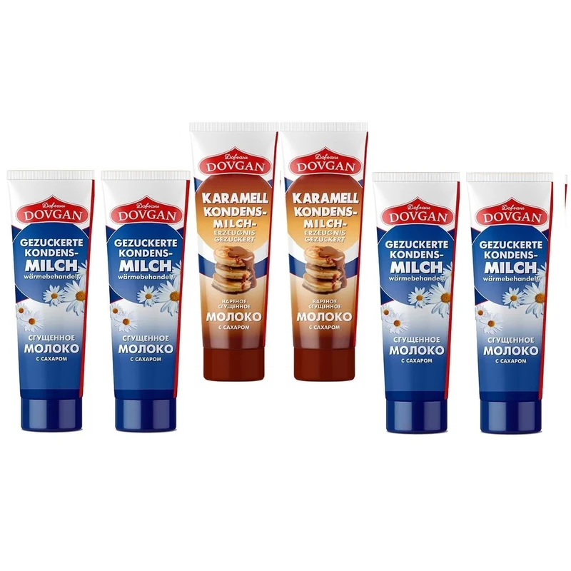 DOVGAN Gezuckerte Kondensmilch in Tube 6x150g (4 traditionelle + 2 Karamel)