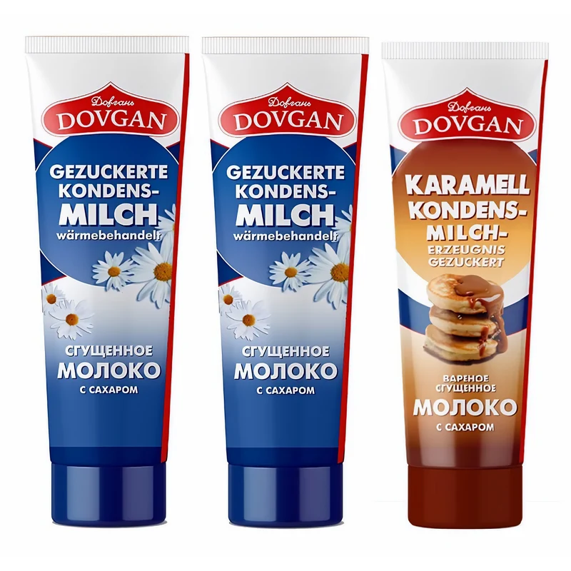 DOVGAN Gezuckerte Kondensmilch in Tube 3x 150g (2 traditionelle + 1 Karamel)