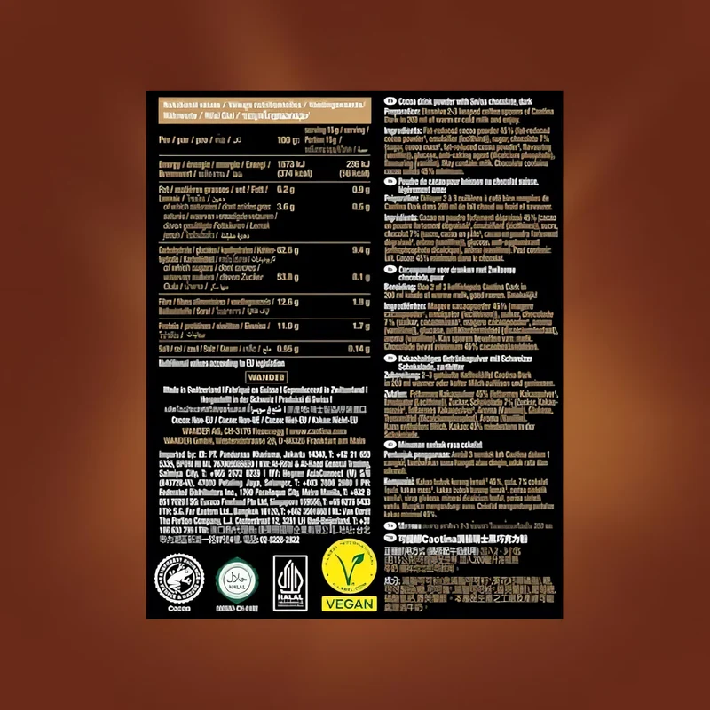 Caotina Noir dunkle Trinkschokolade - Kakao-Pulver 45% Kakaoanteil und dunkler Schweizer Schokolade - 500g