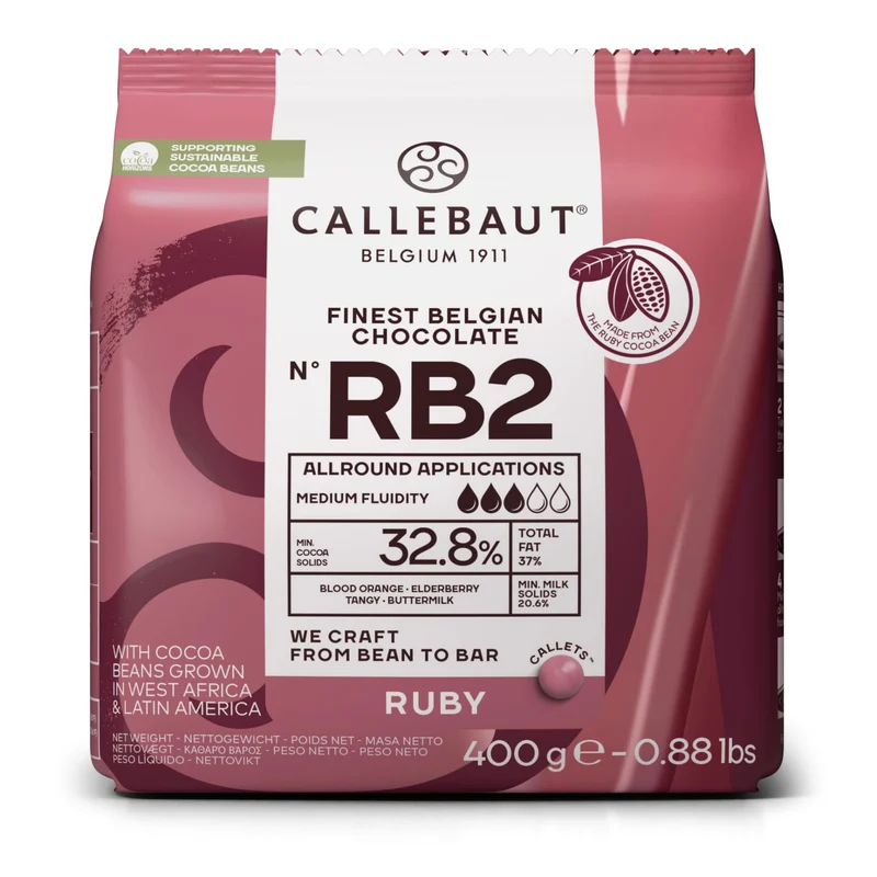 Callebaut Ruby RB2-Kuvertüre Callets, Ruby Schokolade 32.8% Kakao, Finest Belgian Chocolate - 400g