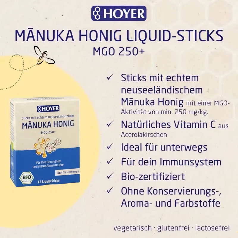 HOYER Manuka Honig Liquid-Sticks MGO 250+,(12 Sicks) 96g