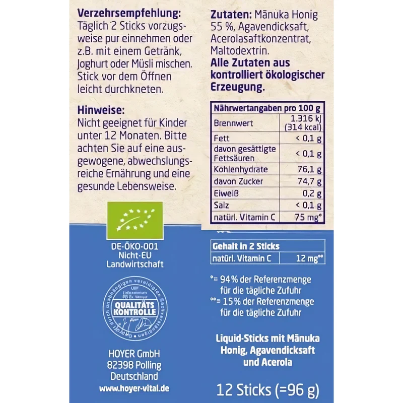 HOYER Manuka Honig Liquid-Sticks MGO 250+,(12 Sicks) 96g