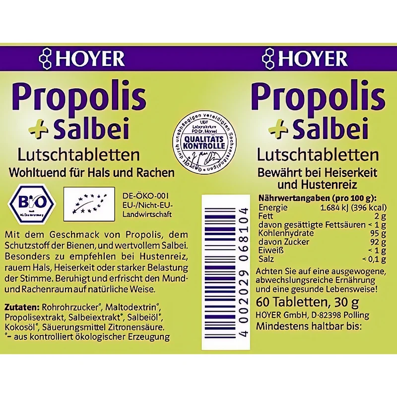 Hoyer Propolis & Salbei Lutschtabletten Bio, 60 Tabs (30g) 1er