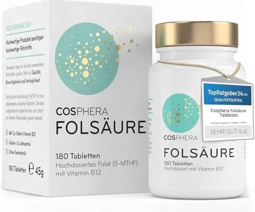 Cosphera - Folsäure Tabletten 800 µg mit Vitamin B12 & 5-MTHF – 180 vegane Tabletten