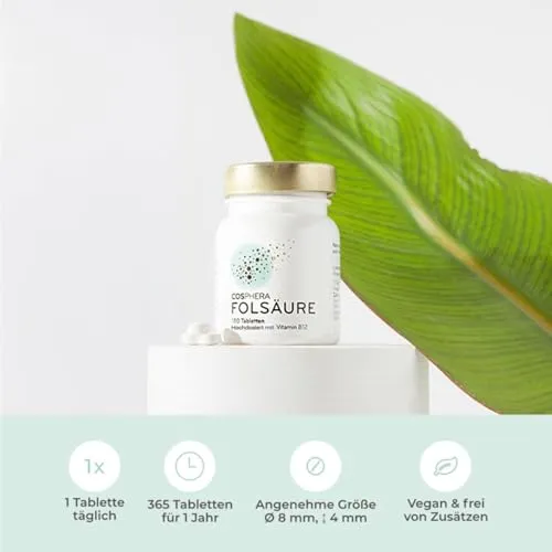 Cosphera - Folsäure Tabletten 800 µg mit Vitamin B12 & 5-MTHF – 180 vegane Tabletten