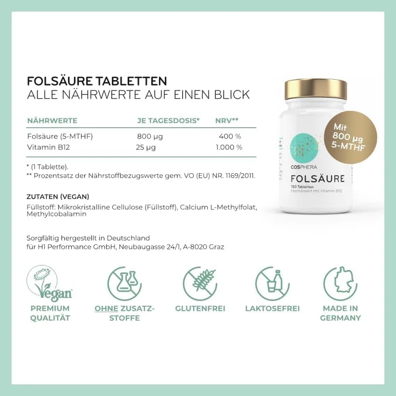 Cosphera - Folsäure Tabletten 800 µg mit Vitamin B12 & 5-MTHF – 180 vegane Tabletten