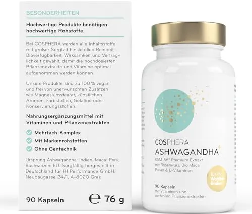 Cosphera Ashwagandha Kapseln 500 mg vegan – 90 Kapseln, 76g Dose