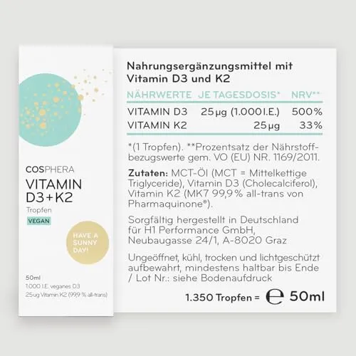 Cosphera Vitamin D3 + K2 Drops Tropfen vegan - 50 ml Liquid