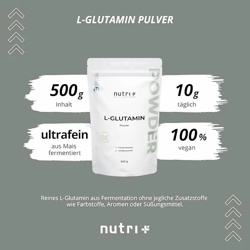 Nutri+ L-Glutamin Pulver Vegan - Neutral & hochdosiert ohne Zusatzstoffe - ab 500g