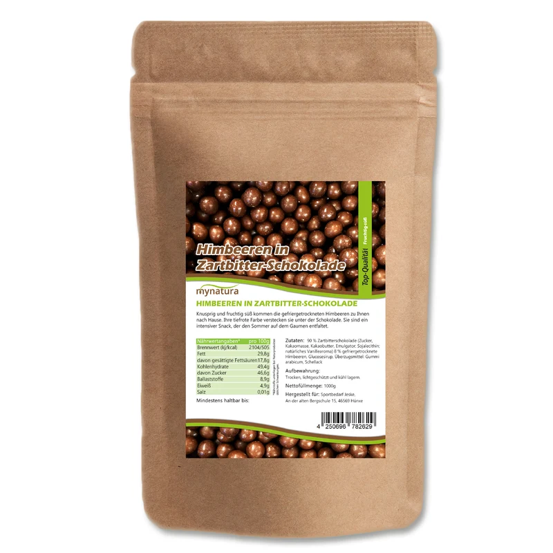 Mynatura gefriergetrocknete Himbeeren in Zartbitterschokolade – 1kg