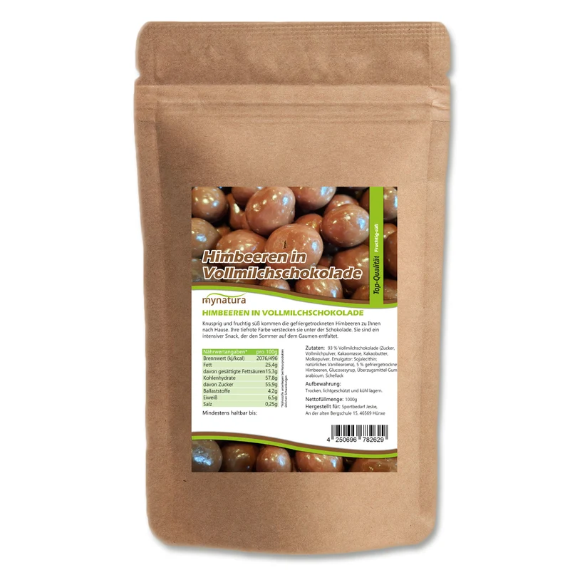 Mynatura gefriergetrocknete Himbeeren in Vollmilchschokolade – 1kg