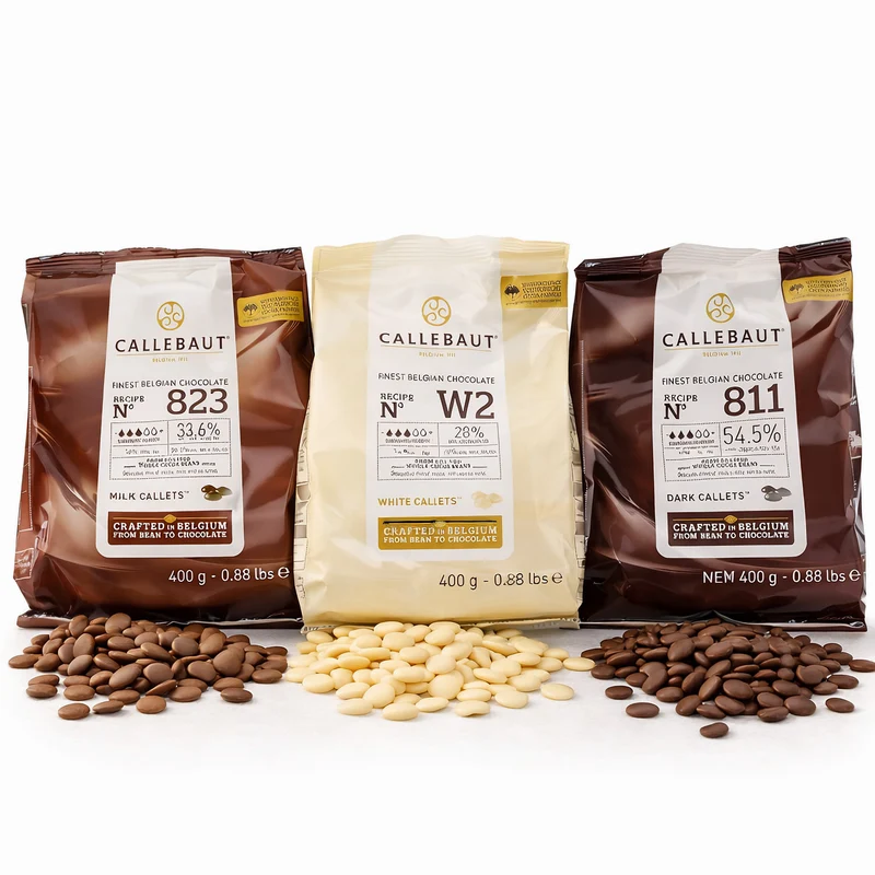 Callebaut 811,823,W2 Kuvertüre Callets im Set: Zartbitter-, Milch-, und weiße Schokolade - 3x400g