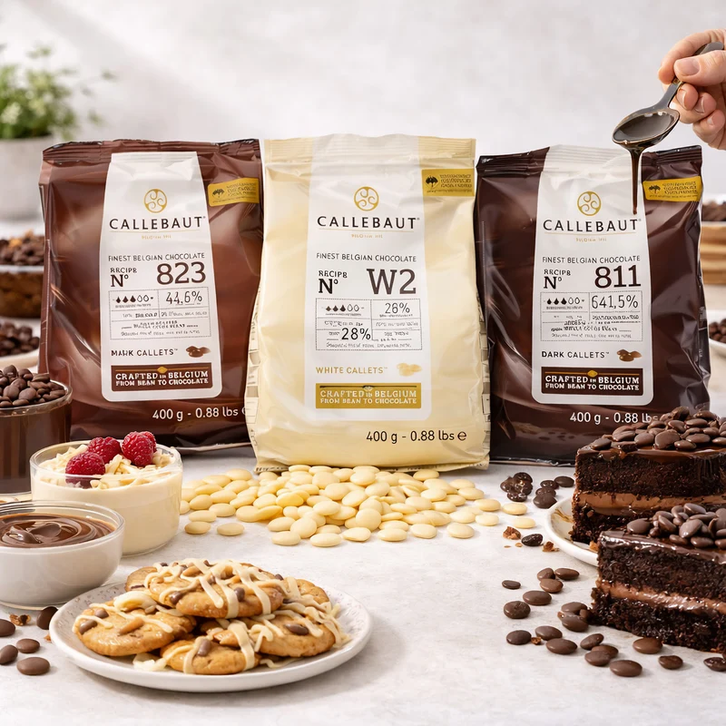 Callebaut 811,823,W2 Kuvertüre Callets im Set: Zartbitter-, Milch-, und weiße Schokolade - 3x400g