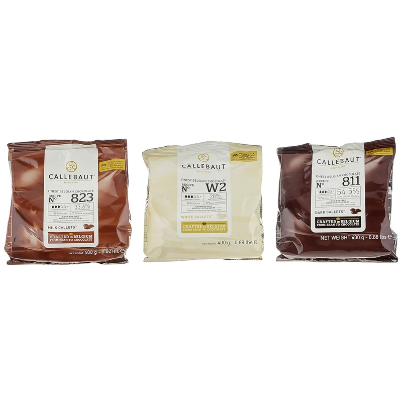 Callebaut 811,823,W2 Kuvertüre Callets im Set: Zartbitter-, Milch-, und weiße Schokolade - 3x400g