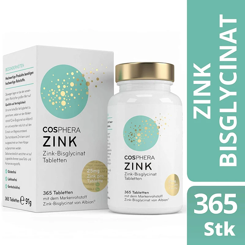 Cosphera - Zink Hochdosiert 25mg Zink-Bisglycinat - 365 vegane Tabletten