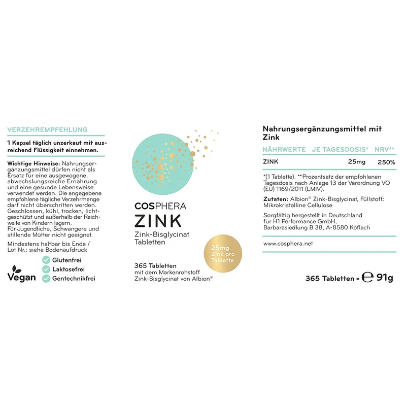 Cosphera - Zink Hochdosiert 25mg Zink-Bisglycinat - 365 vegane Tabletten