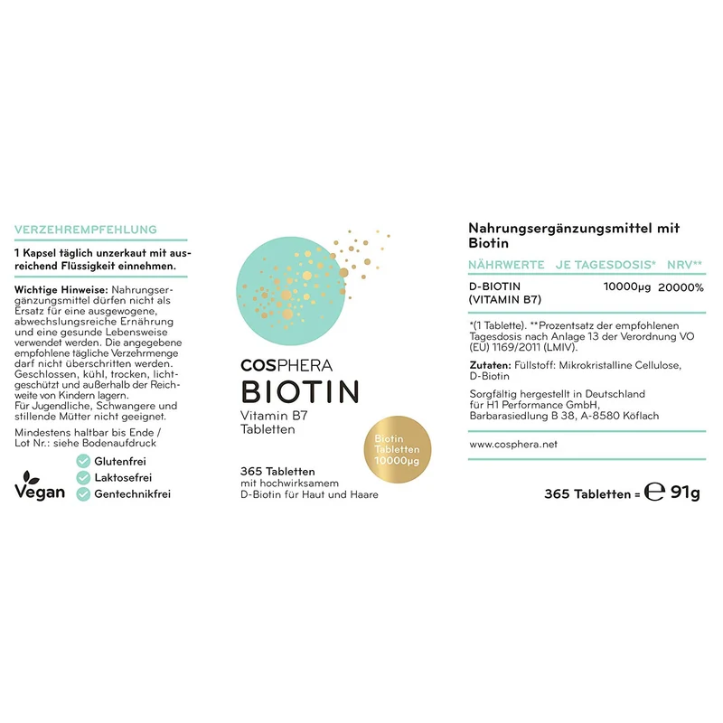 Cosphera - Biotin Hochdosiert 10.000 mcg D-Biotin - 365 vegane Tabletten