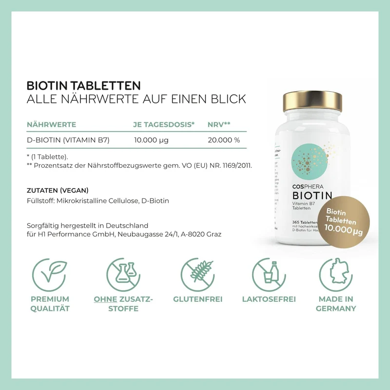 Cosphera - Biotin Hochdosiert 10.000 mcg D-Biotin - 365 vegane Tabletten